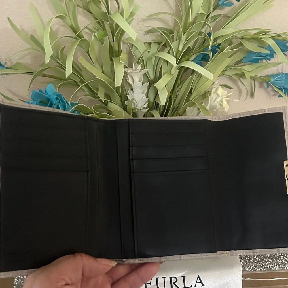 FURLA Light Gray Croc-Embossed Wallet With Dust Bag NWT